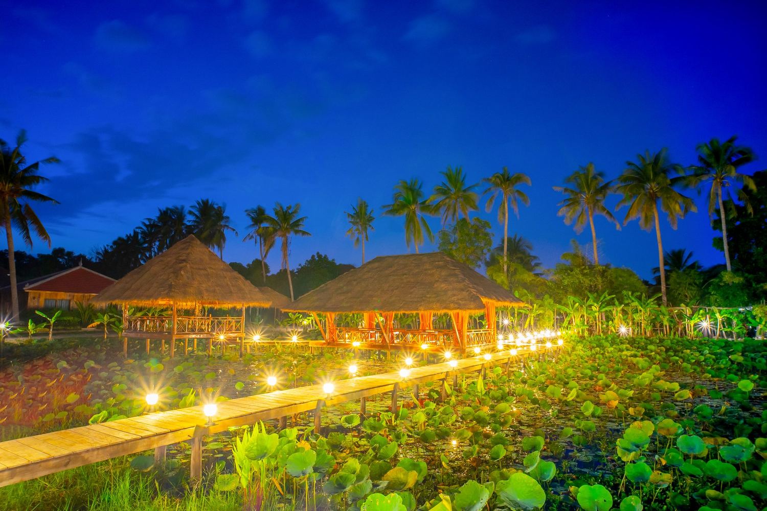 Lit walkway across the lotus lake to the thatched spa pavilions